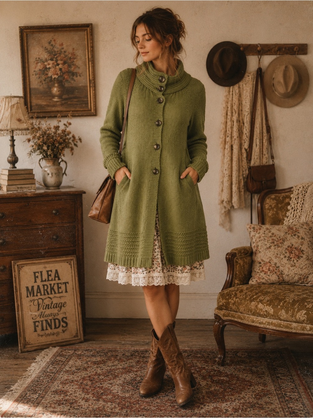 Vintage Inspired Olive Green Knit Sweater Cottage core Coat Long Cardigan XXL